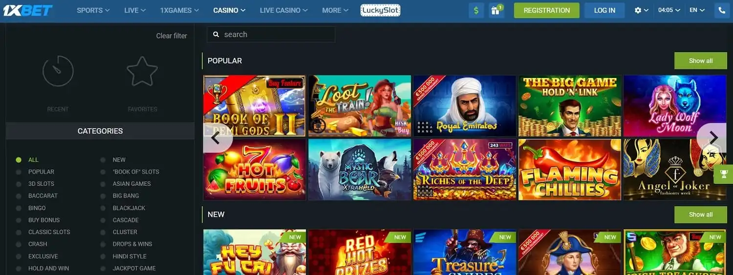 1xbet казино слоты — витрина игровых автоматов с новинками, Megaways и покупкой бонуса, крупный джекпот и кнопка играть